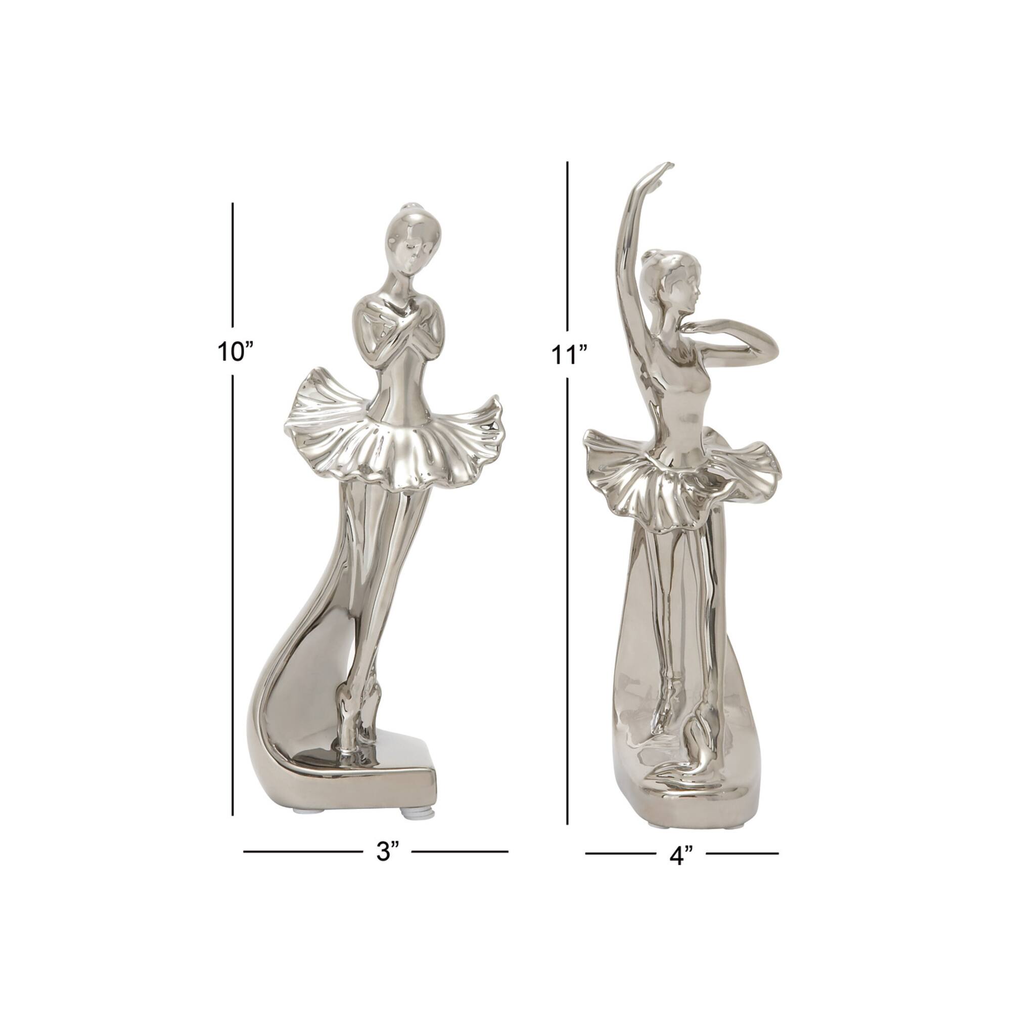 Set of 2 Silver Porcelain Glam Dancer Sculpture, 4" x 11"